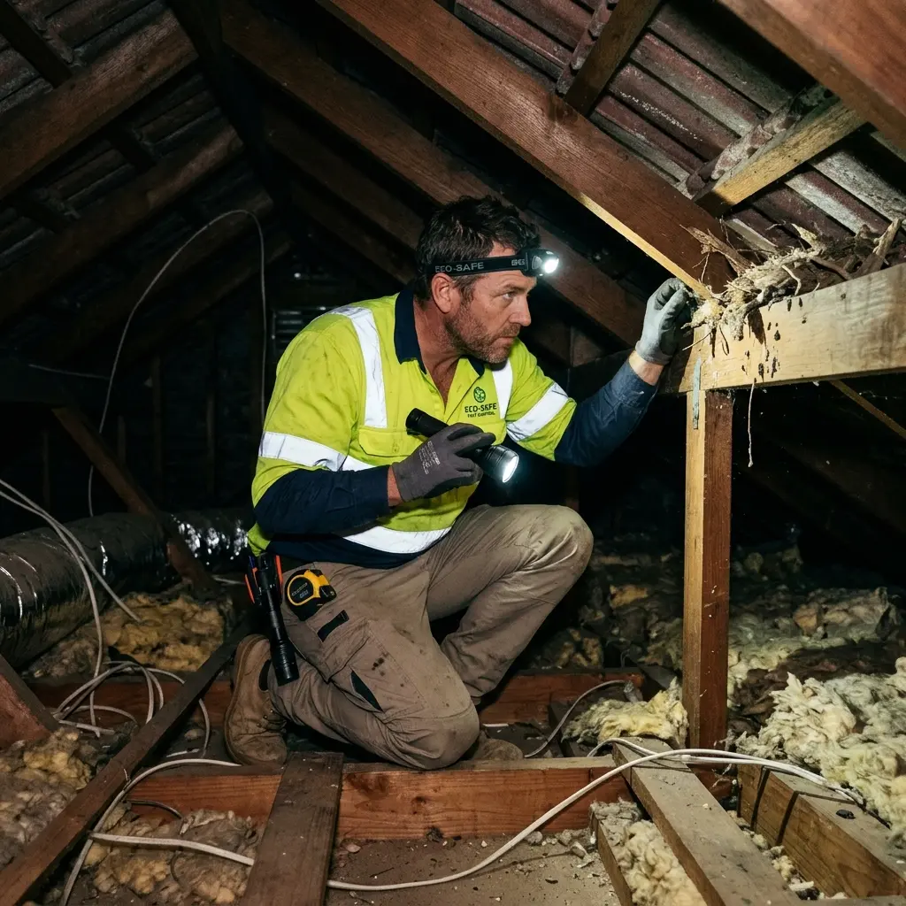 Technician inspecting a roof cavity for a dead animal in Moorooduc