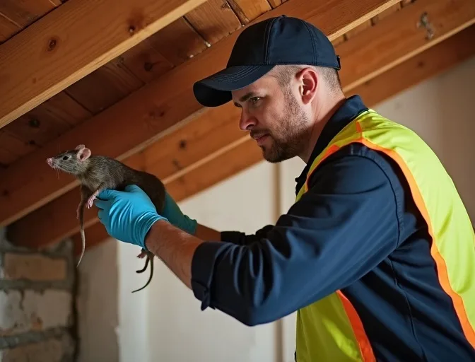 Technician inspecting a roof cavity for a dead rat in Moorooduc